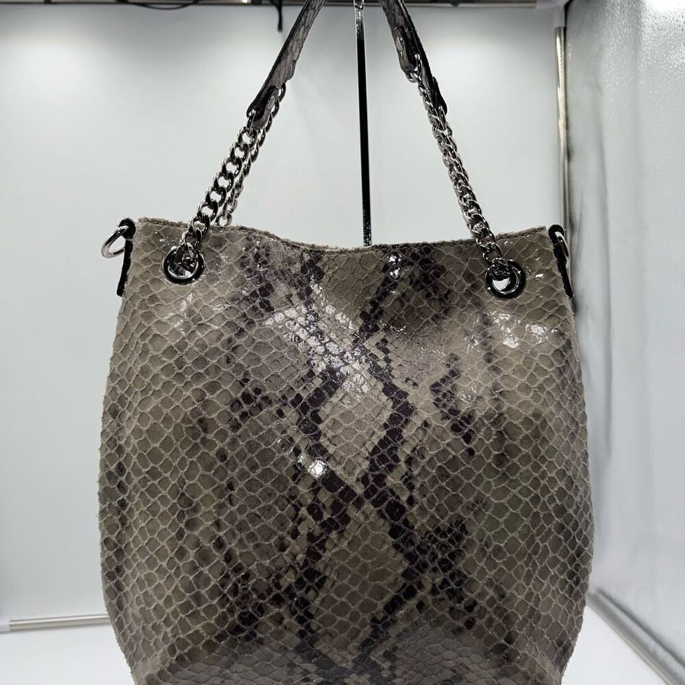 MICHAEL KORS Chain Python Leather JET SET Tote Hobo Convertible Shoulder Bag WIT